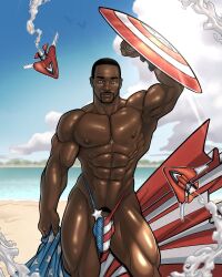 1boy actor anthony_mackie beach blitzturner bulge captain_america captain_america's_shield celebrity dark-skinned_male dark_skin in_character male male_only marvel marvel_cinematic_universe melanin muscular muscular_male outdoors outside penis_outline sam_wilson shield ship solo the_falcon_and_the_winter_soldier thong