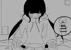 1boy 1girls bedroom black_hair blush censored censored_penis clothed hoodie inabakumori long_hair looking_at_viewer mob_face monochrome mv_character osage-chan penetration penis riding sex sim4562 sitting_on_penis twintails x-ray