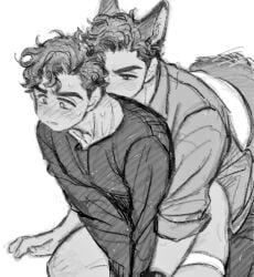 2boys anal anal_sex black1cherry1 covering_crotch cute gay jake_lockley long_sleeves male male/male male_only marvel marvel_cinematic_universe marvel_comics moon_knight nervous pants serious shirt sketch steven_grant_(marvel) sweater underwear wolf_ears wolf_tail yaoi