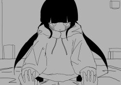 1boy 1girls bedroom black_hair blush clothed hoodie inabakumori long_hair looking_at_viewer mob_face monochrome mv_character osage-chan penetration riding sex sim4562 sitting_on_penis twintails