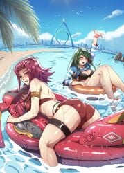 2girls akiza_izinski ass bare_shoulders beach bikini blush brown_eyes carly_carmine carly_nagisa cleavage female female_only glasses glasses_on_head green_hair grey_eyes happy izayoi_aki large_breasts long_hair looking_at_viewer medium_hair mibry_(phrysm) multiple_girls open_mouth red_hair shirt shirt_lift smiling solo_focus spread_legs sweat thick_thighs thigh_strap thighs uncensored wet wide_hips yu-gi-oh! yu-gi-oh!_5d's