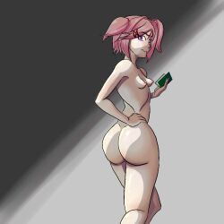 1girls ass big_ass book breasts butt doki_doki_literature_club fat_ass female female_only hand_on_hip holding_book holding_object huge_ass kahullt looking_at_viewer looking_back looking_back_at_viewer naked natsuki_(doki_doki_literature_club) nipples nude pink_eyes pink_hair solo