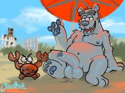 anthro arthropod balls beach beach_umbrella bodily_fluids club_penguin crab crustacean decapoda feral foreskin fur genitals glass0milk group herbert_p._bear hi_res humanoid_genitalia humanoid_penis hyaenid malacostracan male mammal marine nipples nude penis polar_bear sand seaside smile ursid ursine video_games