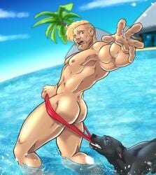 ass beach blitzturner blonde_hair canine coppertone coppertone_(sunscreen) coppertone_girl distress embarrassed exposed genderbend genderswap male male_only muscles muscular muscular_male pulling_speedo rule_63 speedo speedo_down speedo_pull sunscreen