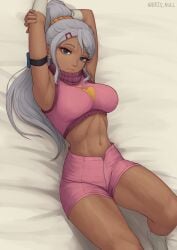 1girls abdomen abs armpits bakugan bakugan_battle_brawlers big_breasts blue_eyes dark-skinned_female dark_skin earrings fit fit_female fully_clothed grey_hair hair_ornament julie_makimoto kris_null linea_alba looking_at_viewer navel on_bed pink_suit silver_hair sports tagme thick_thighs viewed_from_above white_hair