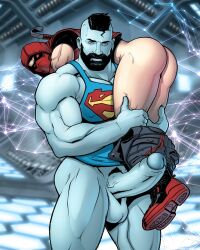 ass bizarro blitzturner blue_skin boner bottomless butt carrying dc dc_comics erect_penis erection exposed hard_on jason_todd looking_at_viewer male male_only masked muscles muscular muscular_male pants_down red_hood_(dc) uncut