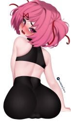 1girls ass big_ass big_butt cameltoe cute doki_doki_literature_club eye_contact female_only fiera_(artist) hair_ribbon leggings looking_at_viewer looking_back natsuki_(doki_doki_literature_club) pink_eyes pink_hair short_hair sitting solo tight_clothing tight_pants twintails yoga_pants