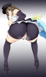 absurdres ass ass_focus belt bent_over boots braid breasts censored elbow_gloves feathers female female_pubic_hair from_behind gloves hat high_heels highres idolmaster idolmaster_shiny_colors kuwayama_chiyuki large_breasts long_hair looking_at_viewer miniskirt mosaic_censoring myanyuki_h nipples no_bra open_clothes open_shirt pubic_hair pussy shirt shorts skirt sleeveless sleeveless_shirt thigh_boots unzipped zipper