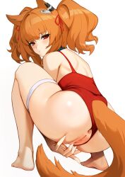 angelina_(arknights) angelina_(summer_flowers)_(arknights) animal_ears anus arknights ass bare_back bare_shoulders barefoot big_ass blush brown_hair embarrassed ett fox_tail highres knees looking_at_viewer looking_back medium_hair one-piece_swimsuit pussy red_eyes squatting swimsuit swimsuit_aside tail thick_thighs thigh_strap thighs twintails uncensored vagina vaginal_penetration white_background