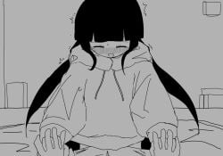 1boy 1girls bedroom black_hair blush clothed hoodie inabakumori long_hair looking_at_viewer mob_face monochrome mv_character osage-chan penetration riding sex sim4562 sitting_on_penis twintails