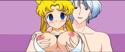 1boy 1girls back bare_shoulders bishoujo_senshi_sailor_moon blonde_hair blue_eyes blush breasts cheating collar earrings female groping groping_from_behind highres jewelry jimryu large_breasts long_hair mind_control nipples ntr prince_diamond short_hair twintails usagi_tsukino white_hair