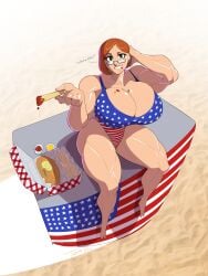 4th_of_july american_flag bailey_malibu breasts busty cleavage female glasses green_eyes huge_breasts jonpadraws large_breasts muscles muscular_female muscular_thighs orange_hair solo thick_thighs