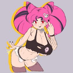 1girls big_breasts bishoujo_senshi_sailor_moon black_nails chibi_usa cleavage clothing collar cropped_legs female gibberish_(artist) goth goth_girl gothified grey_background huge_breasts large_breasts light-skinned_female light_skin lipstick long_hair looking_at_viewer middle_finger nail_polish nipple_bulge pink_hair purple_highlights red_eyes revealing_clothes shorts shortstack skull_hair_ornament smile stockings torn_clothes twintails underboob voluptuous