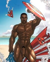 actor american_flag anthony_mackie beach blitzturner captain_america captain_america's_shield celebrity circumcised dark-skinned_male dark_skin flaccid flaccid_penis in_character male male_only marvel marvel_cinematic_universe melanin muscular muscular_male nude outdoors outside sam_wilson shield ship the_falcon_and_the_winter_soldier veiny_penis