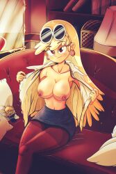 areolae big_breasts blonde_female blonde_hair breasts clothing female female_focus female_only leni_loud long_hair nickelodeon nipples no_bra opening_shirt ruhisuart seductive_smile solo_female the_loud_house undressing yellow_hair