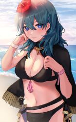 alternate_costume asada_sadao bikini black_bikini black_swimsuit blue_eyes blue_hair breasts byleth_(fire_emblem) byleth_(fire_emblem)_(female) byleth_(summer)_(fire_emblem)_(female) female female_only fire_emblem fire_emblem:_three_houses fire_emblem_heroes looking_at_viewer nintendo official_alternate_costume sadao4a solo swimsuit