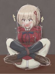arms_tied_behind_back artist_request asphyxiation blonde_hair bondage bound_ankles brown_eyes female gag gagged lycoris_recoil nishikigi_chisato peril scared suffocation tape_gag tearing_up