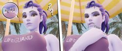 1girls 3d blizzard_entertainment crushing envlight female female_focus femdom giantess implied_death lifeguard micro one-piece_swimsuit overwatch shrunken shrunken_person snuff soldier swimsuit umbrella widowmaker