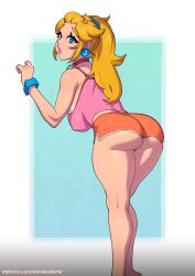 1girls alternate_version_available armwear ass big_ass big_breasts blonde_hair blue_eyes bottomwear bracelet breasts choker clothing doreko earrings feet_out_of_frame female female_only hair_ornament legs lipstick mario_(series) nintendo orange_shorts pink_lips pink_lipstick pink_topwear ponytail princess_peach shorts sideboob solo thick_thighs thighs