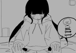 1boy 1girls bedroom black_hair blush censored censored_penis clothed hoodie inabakumori long_hair looking_at_viewer mob_face monochrome mv_character osage-chan penetration penis riding sex sim4562 sitting_on_penis twintails x-ray