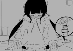 1boy 1girls bedroom black_hair blush censored censored_penis clothed cum cum_in_pussy cum_in_uterus hoodie inabakumori long_hair looking_at_viewer mob_face monochrome mv_character osage-chan penetration penis riding sex sim4562 sitting_on_penis twintails x-ray