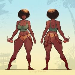 1girls afro ass athletic athletic_female black_hair booty_shorts breasts brown_body brown_skin cleavage clothing commission dark-skinned_female dark_skin female fit fit_female halle_(kirkclark1899) hourglass_figure hugotendaz legs lips midriff no_bra original original_character pinup short_shorts shorts suspenders suspenders_hanging thick thick_legs thick_thighs thighs turnaround voluptuous wide_hips