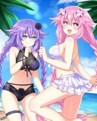 2girls ass ass_visible_through_thighs bare_shoulders beach big_breasts bikini blue_eyes bra braid braided_hair braided_twintails braids breasts cleavage cute duo fan_character female female_only flower flower_in_hair hair large_breasts lewdkuma lipstick long_hair looking_at_viewer medium_breasts mouth multiple_girls navel nepgear neptune_(neptunia) neptunia_(series) open_mouth pale-skinned_female pale_skin pink_eyes pink_hair pink_lipstick pose purple_hair purple_heart_(neptunia) purple_sister sand short_skirt sideboob skirt smile smiling smirk smirking star-shaped_pupils swimsuit swimwear tagme twintails very_long_hair wristband