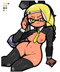 1girls areolae braid_(splatoon) breasts bunnysuit confused_look edit fake_animal_ears inkling inkling_girl necktie new_agent_3_(splatoon) nipples omoitukan2 pussy reverse_bunnysuit solo splatoon splatoon_3 thighhighs