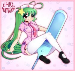 1girls ahoge big_breasts big_eyes cute cute_face digital_media_(artwork) ehioanimations ehiotan full_body fully_clothed green_hair headwear long_hair miniskirt nurse nurse_uniform red_eyes sitting sitting_down solo solo_female thermometer thigh_highs tie