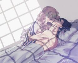 1boy 1girls after_sex black_hair blush braided_hair closed_eyes cute demon_slayer embrace facial_scar female futon glasgow_smile goto_ton haori hug iguro_obanai in_bed kanroji_mitsuri kimetsu_no_yaiba kissing male mole_under_eye morning morning_after nude_male on_back on_bed pink_hair scar two_tone_hair wearing_others_clothes wholesome