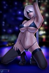 armpits big_breasts blindfold bra breasts feet high_heels nier nier:_automata short_hair somedudedrawing stripper_pole thighhighs thong yorha_2b