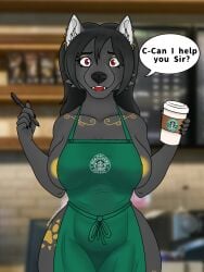 anthro barista beverage breasts caleo_(caleodrahirit) coffee confusion dialogue female female/female furaffinity hi_res iced_latte_with_breast_milk meme solo starbucks victoriathelolita