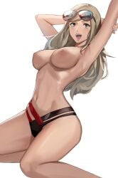 1girls ann_takamaki bikini bikini_bottom blonde_female blonde_hair blue_eyes breasts female j@ck kneeling open_mouth persona persona_5 simple_background solo sunglasses sunglasses_on_head topless white_background
