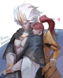 2boys archdragonleak armor big_pecs bubble_tea_challenge cleavage colored_sketch crown dark_souls dark_souls_3 deity dragon_slayer_ornstein fromsoftware gold_(metal) helmet_removed long_hair_male male male_only muscular muscular_male nameless_king painting_(artwork) pecs ponytail red_hair smile white_hair wrist_cuffs