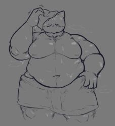 anthro belly big_belly closed_eyes clyde_(locitony) domestic_cat felid feline felis grey_background greyscale hi_res locitony male mammal monochrome moobs musclegut navel overweight overweight_anthro overweight_male simple_background solo steam towel towel_only water wet