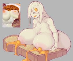 1girls animate_inanimate big_breasts breast_rest breasts egg egg_girl_meme female food food_creature food_humanoid gigantic_breasts huge_breasts humanoid lactating lactating_egg lactation large_breasts meme personification tagme tagme_(artist) unusual_lactation white_body white_skin