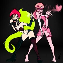 crazy demencia_(villainous) female green_hair lord_sarloc miss_heed_(villainous) pink_eyes pink_hair pink_skin red_hair villainous yellow_eyes