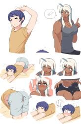 1boy 1futa ahoge anal bent_over big_penis blue_hair bulge clothed clothing comic dark-skinned_futanari dark_skin duo erection_under_clothes femboy fully_clothed futa_on_male futanari human implied_sex interracial larger_futanari light-skinned_femboy light-skinned_male light_skin male muscular muscular_futanari penis sex sitting size_difference smaller_male stretching surprised tenting wardrobe_malfunction white_hair zincsbetle