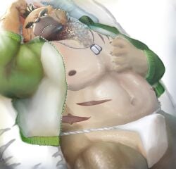 absurd_res anthro asian_clothing belly brown_body brown_fur canid canine canis clothed clothing domestic_dog east_asian_clothing erection erection_under_clothing fundoshi fur hi_res japanese_clothing kakukaku lifewonders male mammal musclegut nipples pecs scars_all_over solo tokyo_afterschool_summoners topknot underwear video_games yasuyori