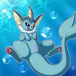 blue_body bubble digital_media_(artwork) eeveelution female feral floating genitals kaikaikyro mammal nintendo open_mouth pokémon_(species) pokemon presenting presenting_pussy pussy simple_background solo solo_focus vaporeon video_games