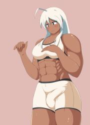 1futa abs ahoge big_breasts big_penis breasts bulge clothed clothing dark-skinned_futanari dark_skin fully_clothed futa_only futanari human muscular muscular_futanari penis short_shorts shorts solo standing white_hair zincsbetle