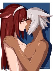 2girls blush breasts catgirl closed_eyes commissioner_upload completely_nude completely_nude_female dark_skin docking female final_fantasy final_fantasy_xiv hairband kissing melanin miqo'te multiple_girls naked nude red_hair s’erkai_destland sideboob silver_hair tiredkino topless y'shtola yuri