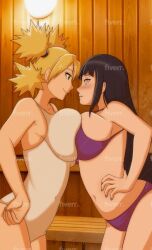 2girls big_breasts bikini blonde_hair blunt_bangs breast_docking breast_press breast_to_breast breasts busty comparing comparing_breasts comparison competition competitive docking embarrassed face_to_face huge_breasts hyuuga_hinata implied_yuri intimidating intimidation lavender_eyes looking_at_another looking_at_each_other looking_at_partner miraj_samme multiple_girls naruto naruto_(series) naruto_shippuden ponytail purple_hair quad_tails sauna smile swimsuit teal_eyes temari tied_hair voluptuous watermark yuri