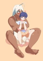 1boy 1futa ahoge big_penis blue_hair bulge clothed clothing dark-skinned_futanari dark_skin duo femboy fully_clothed futa_on_male futanari hug human interracial larger_futanari light-skinned_femboy light-skinned_male light_skin male muscular muscular_futanari penis sitting size_difference smaller_male white_hair zincsbetle