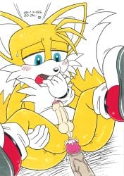 anal anal_insertion anal_sex before_anal erection exposed_torso footwear fox furry furry_bomb gay gay_sex handwear human karate_akabon male penis_size_difference semen_on_ass sonic_(series) tails yaoi yellow_fur