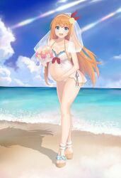 1girls beach blue_eyes bouquet bridal_veil cleavage female female_only flower_in_hair full_body hairband hand_on_belly holding_belly lingerie long_hair looking_at_viewer medium_breasts negligee orange_hair outside panties pecorine platform_footwear pregnant princess_connect! princess_connect!_re:dive sandals see-through_clothing side-tie_panties smile solo standing veil wedding_lingerie white_panties wholesome