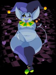 3:4 abstract_background alternate_version_at_source anthro balls belly big_belly big_ears black_sclera blue_body blue_skin bulge citrussluggo clothed clothing cum darkner deep_navel deltarune digital_drawing_(artwork) digital_media_(artwork) femboy fool's_hat footwear girly hat headgear headwear heart hi_res humanoid humanoid_pointy_ears imp jester jevil_(deltarune) legwear looking_at_viewer male male_only mammal moobs navel nipples not_furry one_eye_closed overweight overweight_humanoid overweight_male penis shoes shortstack simple_background solo thick_thighs thigh_highs tongue tongue_out topless undertale_(series) video_games wide_hips wink yellow_eyes