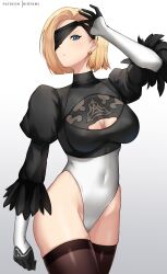 1girls 2022 android_18 blindfold blonde_female blonde_hair blue_eyes breasts cosplay dragon_ball dragon_ball_z female female_only hi_res highleg_leotard hioyami hips large_breasts leotard nier nier:_automata short_hair slim_waist solo solo_female thick_thighs thighs wide_hips yorha_2b_(cosplay)