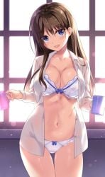 blue_eyes boku_no_kanojo_sensei bra brown_hair coffee_mug fujiki_maka open_shirt oryou panties teacher underwear