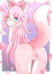 2020 anthro anus ass black_nose canid canine censored creative_censorship eyelashes female flower_petals fox fur genitals hair heterochromia hi_res ineffective_censorship long_hair looking_at_viewer looking_back looking_back_at_viewer mammal messy_hair mofufu nude petals pink_body pink_fur presenting presenting_hindquarters presenting_pussy pussy raised_tail solo